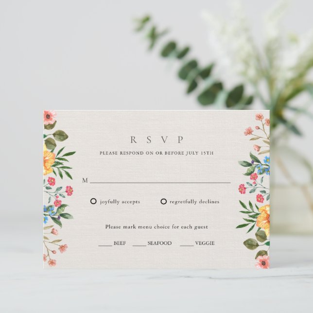 Tarjeta De Confirmación De Asistencia Boda Floral de Wildflowers Garden (Anverso de pie)