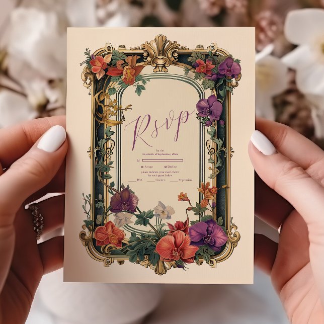 Tarjeta De Confirmación De Asistencia Boda floral dorado púrpura (Subido por el creador)