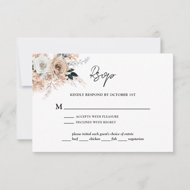 Tarjeta De Confirmación De Asistencia Boda floral Dusty Blue Champagne (Anverso)