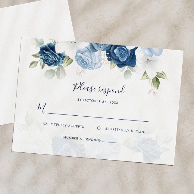 Tarjeta De Confirmación De Asistencia Boda Floral Dusty Blue Floral Script (Floral Dusty Blue Watercolor Bloom Wedding RSVP Card)