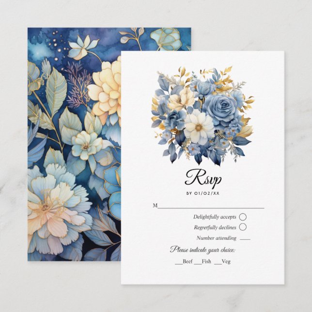 Tarjeta De Confirmación De Asistencia Boda Floral Dusty Blue y Gold (Anverso / Reverso)