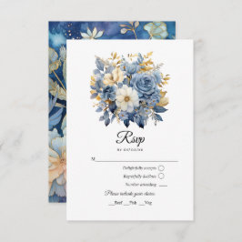 Tarjeta De Confirmación De Asistencia Boda Floral Dusty Blue y Gold