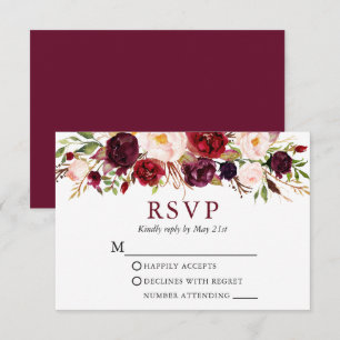 Tarjeta De Confirmación De Asistencia Boda floral elegante de acuarela burgundy