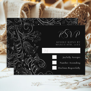 Tarjeta De Confirmación De Asistencia Boda floral elegante plateado y negro