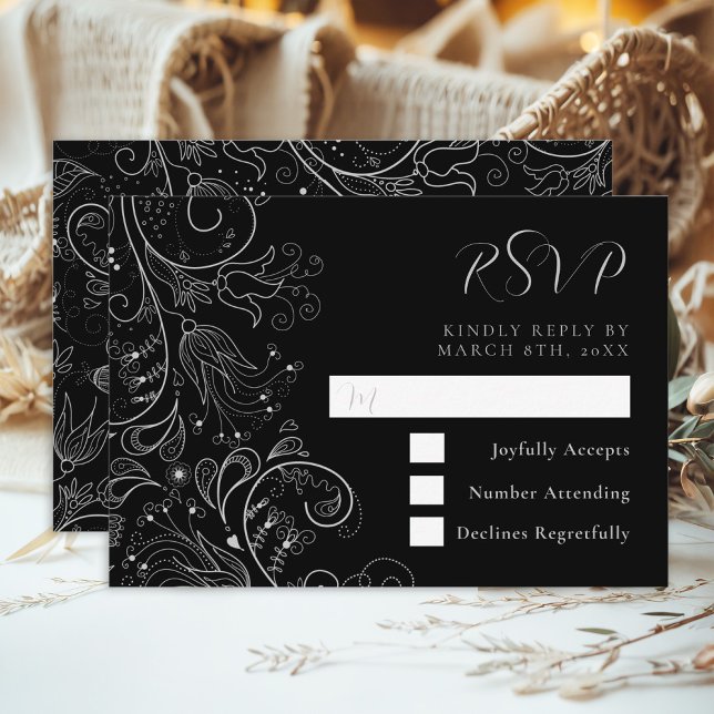 Tarjeta De Confirmación De Asistencia Boda floral elegante plateado y negro (Subido por el creador)