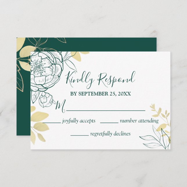 Tarjeta De Confirmación De Asistencia Boda floral Emerald Gree & Gold Peony (Anverso / Reverso)