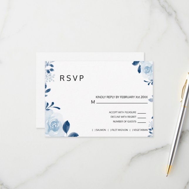 Tarjeta De Confirmación De Asistencia Boda floral francés azul moderno (Anverso/Reverso In Situ)