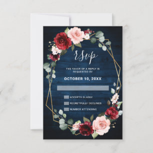 Tarjeta De Confirmación De Asistencia Boda floral geométrica de Borgoña Navy Blush