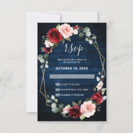 Tarjeta De Confirmación De Asistencia Boda Floral Geométrica de Burgundy Navy Blush