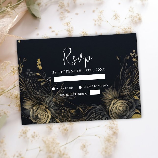 Tarjeta De Confirmación De Asistencia Boda floral gótico oscuro de Moody (Dark Gothic Moody Floral Wedding RSVP Card)