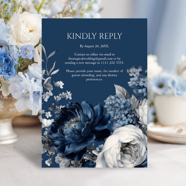 Tarjeta De Confirmación De Asistencia Boda floral gris y azul moderno (Modern Blues & Gray Floral Wedding RSVP Card)