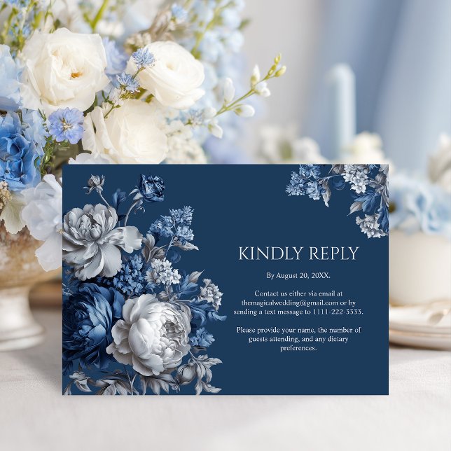 Tarjeta De Confirmación De Asistencia Boda floral gris y azul moderno (Modern Blues & Gray Floral Wedding RSVP Card)