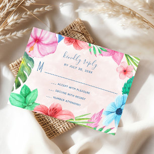 Tarjeta De Confirmación De Asistencia Boda floral hawaiana rosa tropical
