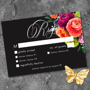 Tarjeta De Confirmación De Asistencia Boda floral lujosa y temperamental rosa negro vibr