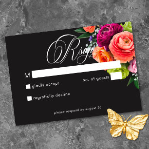 Tarjeta De Confirmación De Asistencia Boda floral lujosa y temperamental rosa negro vibr