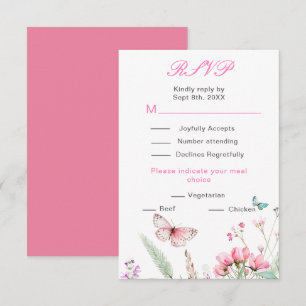 Tarjeta De Confirmación De Asistencia Boda floral mariposa rosa de primavera
