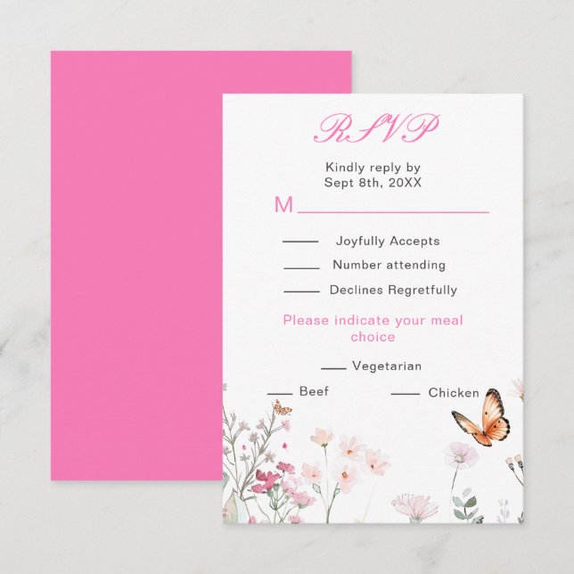 Tarjeta De Confirmación De Asistencia Boda floral mariposa rosa profunda de primavera (Anverso / Reverso)