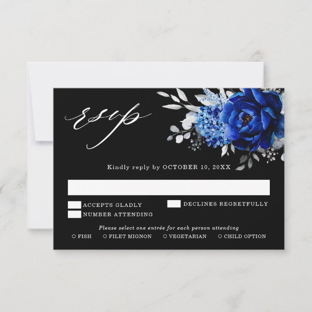 Tarjeta De Confirmación De Asistencia Boda floral metálica azul real blanco plateado RS (Anverso)