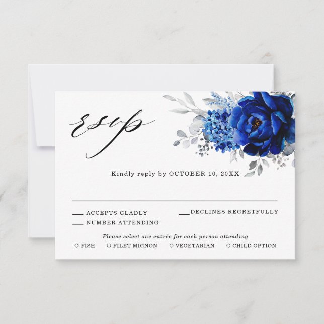 Tarjeta De Confirmación De Asistencia Boda floral metálico plateado azul real (Anverso)
