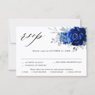 Tarjeta De Confirmación De Asistencia Boda floral metálico plateado azul real
