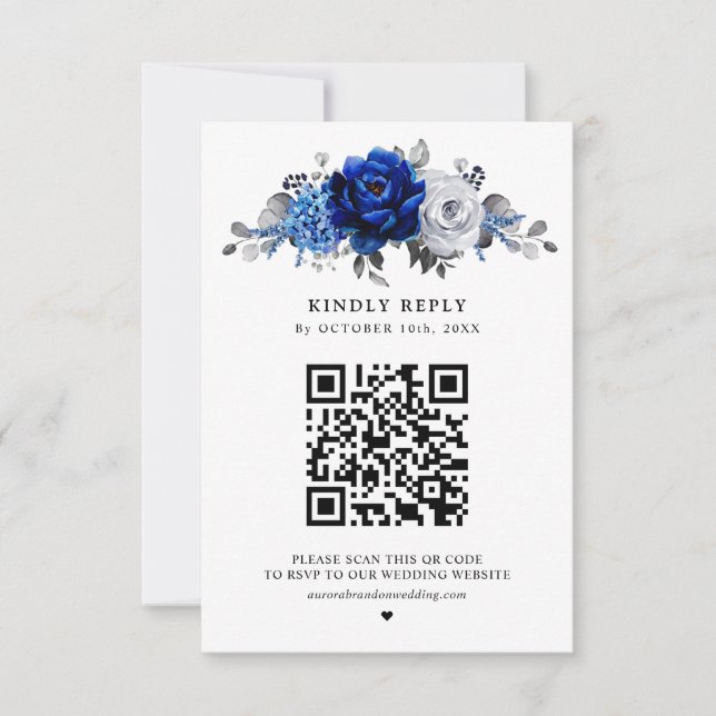 Tarjeta De Confirmación De Asistencia Boda floral metálico plateado azul real (Anverso)