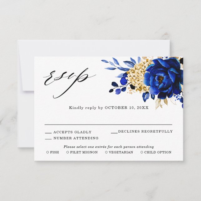 Tarjeta De Confirmación De Asistencia Boda floral metálico Royal Blue Yellow Gold (Anverso)
