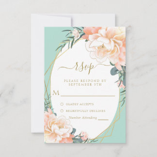Tarjeta De Confirmación De Asistencia Boda floral Mint Green Rubor Peach Cream Gold
