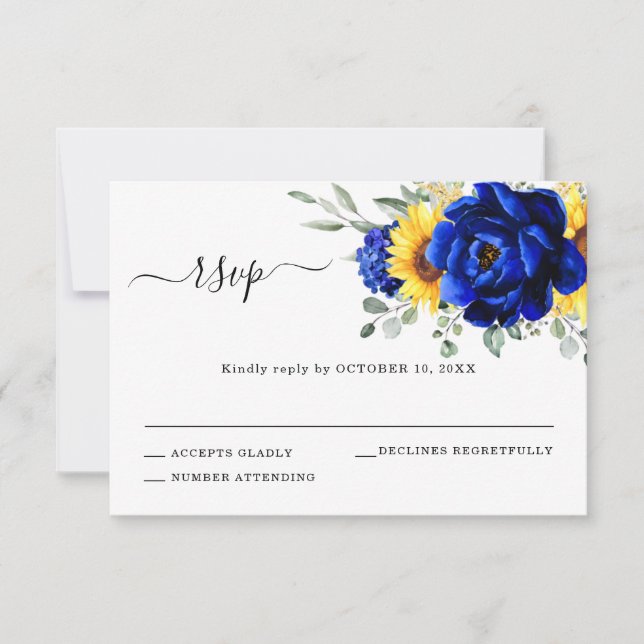 Tarjeta De Confirmación De Asistencia Boda floral moderna de girasoles rústicos azul rea (Anverso)
