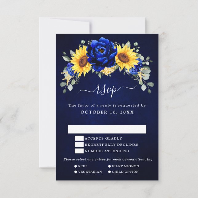 Tarjeta De Confirmación De Asistencia Boda floral moderna de girasoles rústicos azul rea (Anverso)