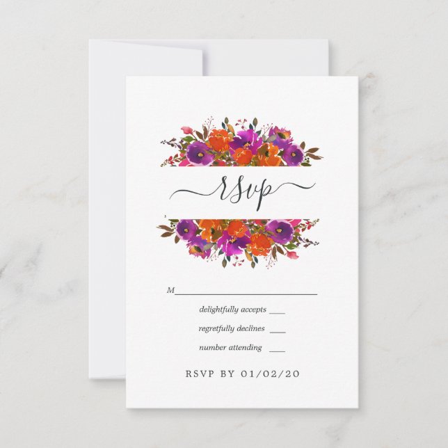 Tarjeta De Confirmación De Asistencia Boda floral morado y Naranja (Anverso)