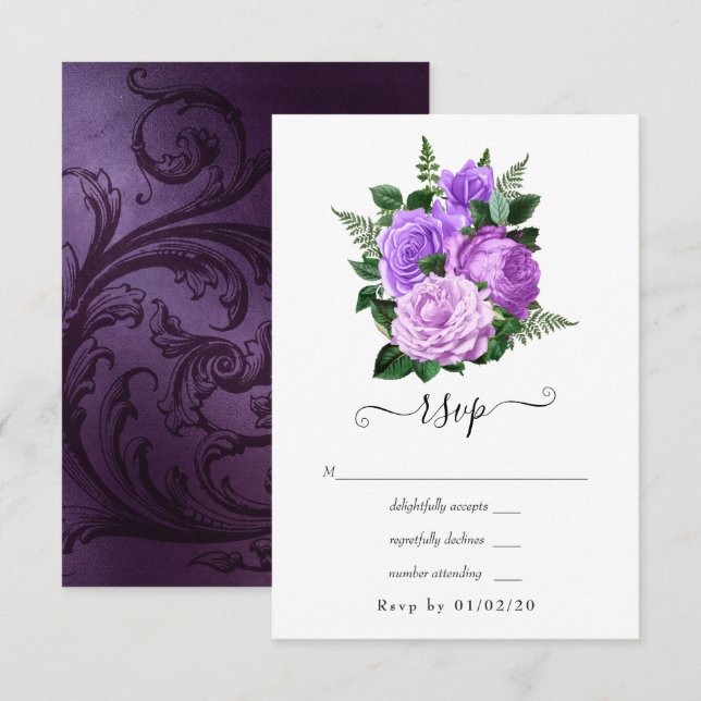 Tarjeta De Confirmación De Asistencia Boda floral morado y verde (Anverso / Reverso)