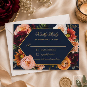 Tarjeta De Confirmación De Asistencia Boda floral naranja óxido de burgundy naval temper