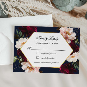 Tarjeta De Confirmación De Asistencia Boda floral naval de peonías con rubor de Borgoña 