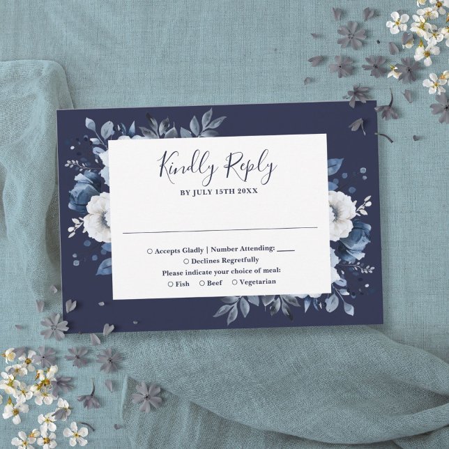 Tarjeta De Confirmación De Asistencia Boda floral Navy Blue Elegant Country Garden (Navy Blue Elegant Country Garden Floral Wedding RSVP Card)