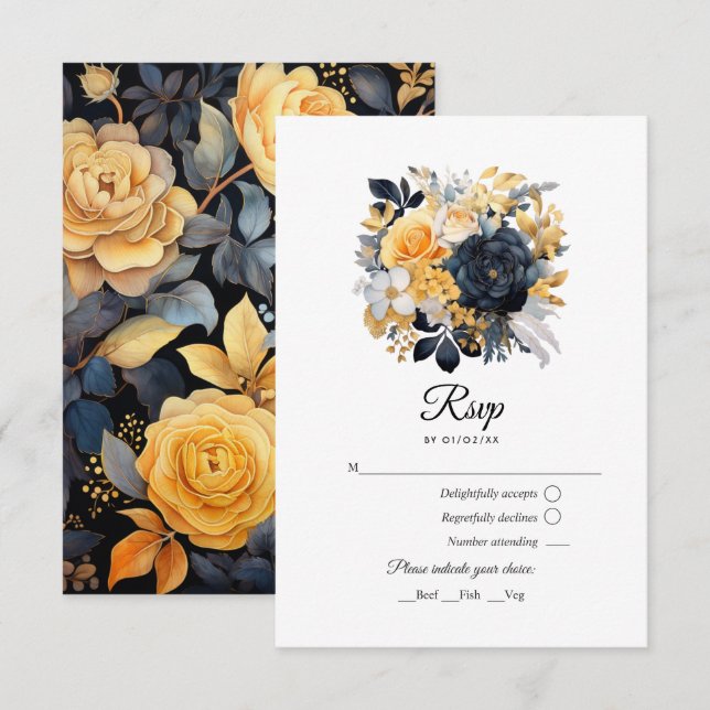 Tarjeta De Confirmación De Asistencia Boda floral negro y dorado (Anverso / Reverso)
