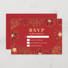Tarjeta De Confirmación De Asistencia Boda floral oriental con flores de color rojo Lotu