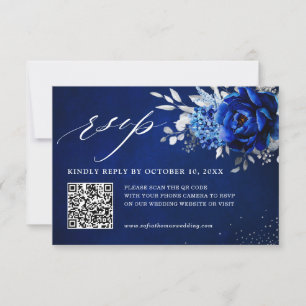 Tarjeta De Confirmación De Asistencia Boda floral plateado metálico azul real QR