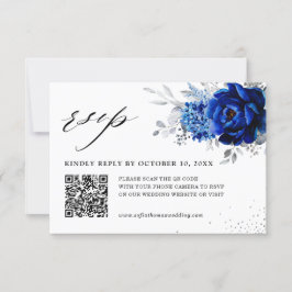 Tarjeta De Confirmación De Asistencia Boda floral plateado metálico azul real QR