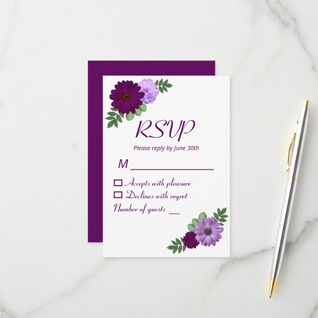 Tarjeta De Confirmación De Asistencia Boda floral Purple Peony (Anverso/Reverso In Situ)