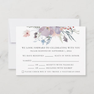 Tarjeta De Confirmación De Asistencia Boda floral púrpura acuarela. Rústico elegante