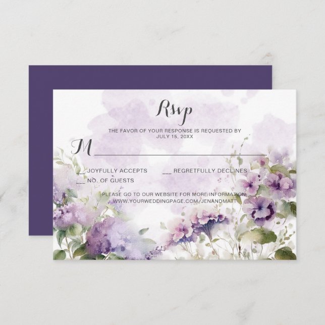 Tarjeta De Confirmación De Asistencia Boda floral púrpura de Boho Lavender (Anverso / Reverso)