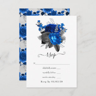 Tarjeta De Confirmación De Asistencia Boda floral real azul, negro y plateado