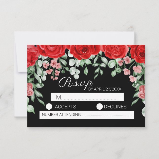 Tarjeta De Confirmación De Asistencia Boda floral rojo y negro clásico (Anverso)