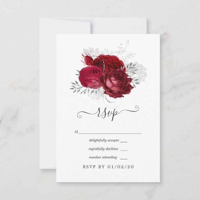 Tarjeta De Confirmación De Asistencia Boda floral rojo y plateado (Anverso)