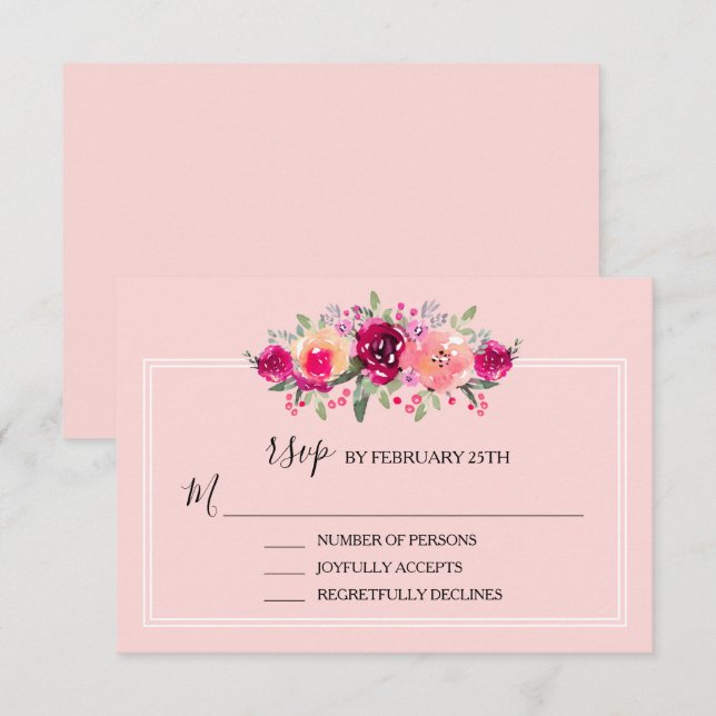 Tarjeta De Confirmación De Asistencia Boda floral rosa acuarela (Anverso / Reverso)