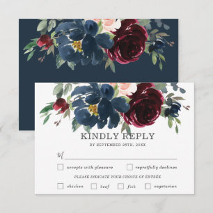 Tarjeta De Confirmación De Asistencia Boda floral rosa de Borgoña Elección de comida RSV