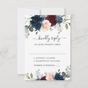 Tarjeta De Confirmación De Asistencia Boda floral rosa de Rubor azul de la Marina Borgoñ