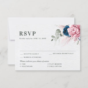 Tarjeta De Confirmación De Asistencia Boda floral rosa pastel azul de la Marina de Rubor