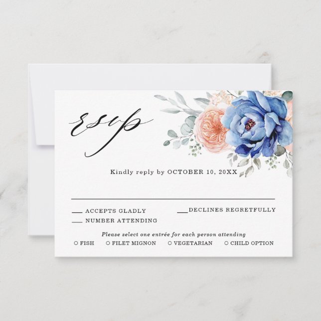 Tarjeta De Confirmación De Asistencia Boda floral rosa pastel gris azul marino  (Anverso)