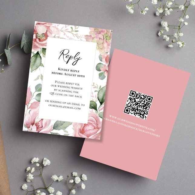 Tarjeta De Confirmación De Asistencia Boda floral rosa Rubor elegante (Simply add your URL to the template to generate a scannable QR code. )